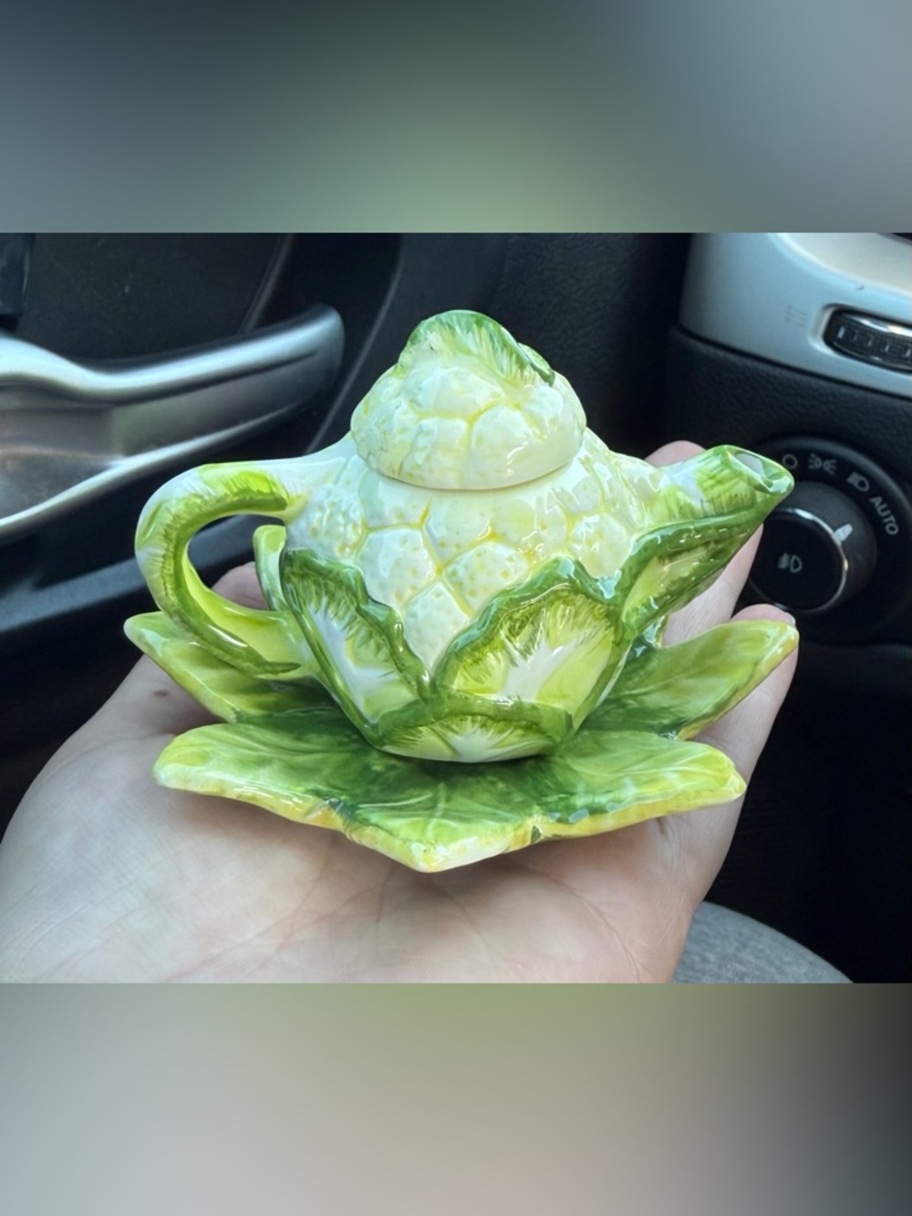 Vintage Miniature ceramic cabbage leaf teapot and dish